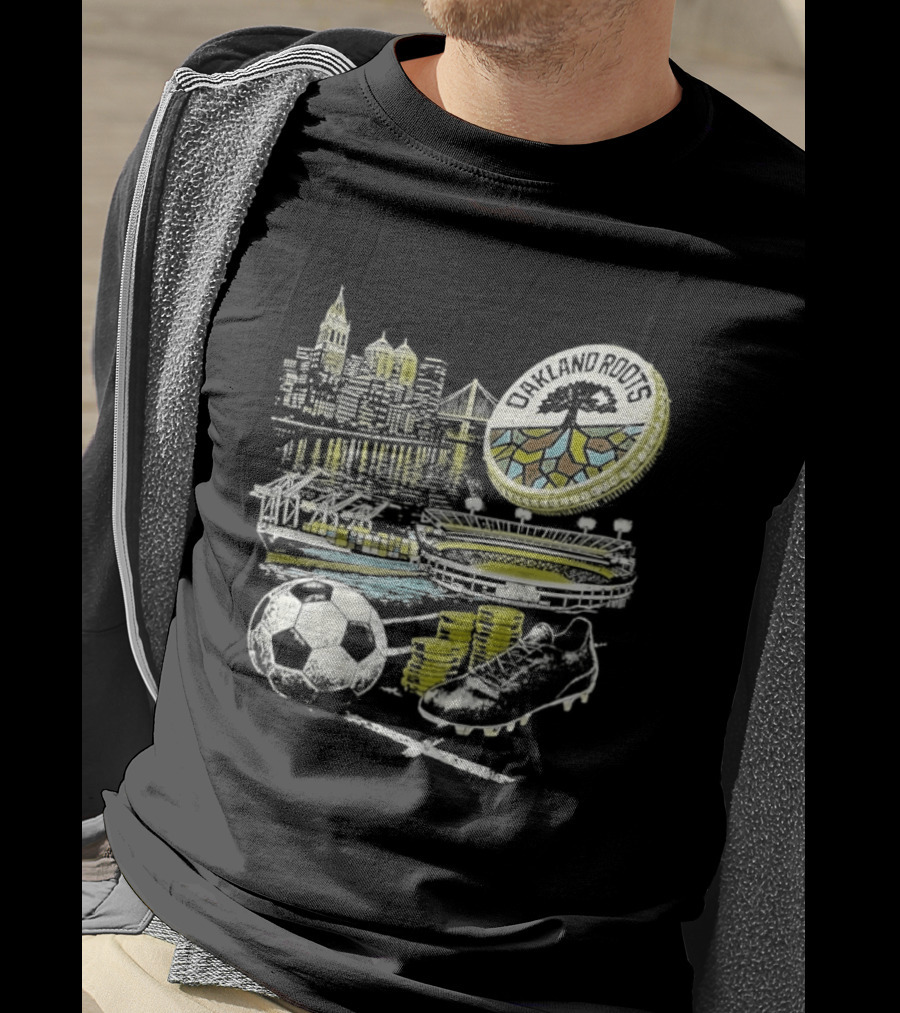 Oakland Roots Skyline Soccer Ball Stadium Ship And Coins T-Shirt