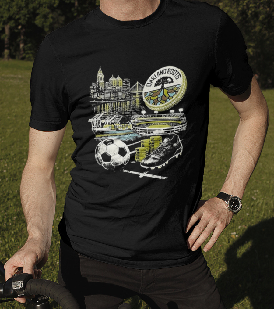 Oakland Roots Skyline Soccer Ball Stadium Ship And Coins T-Shirt