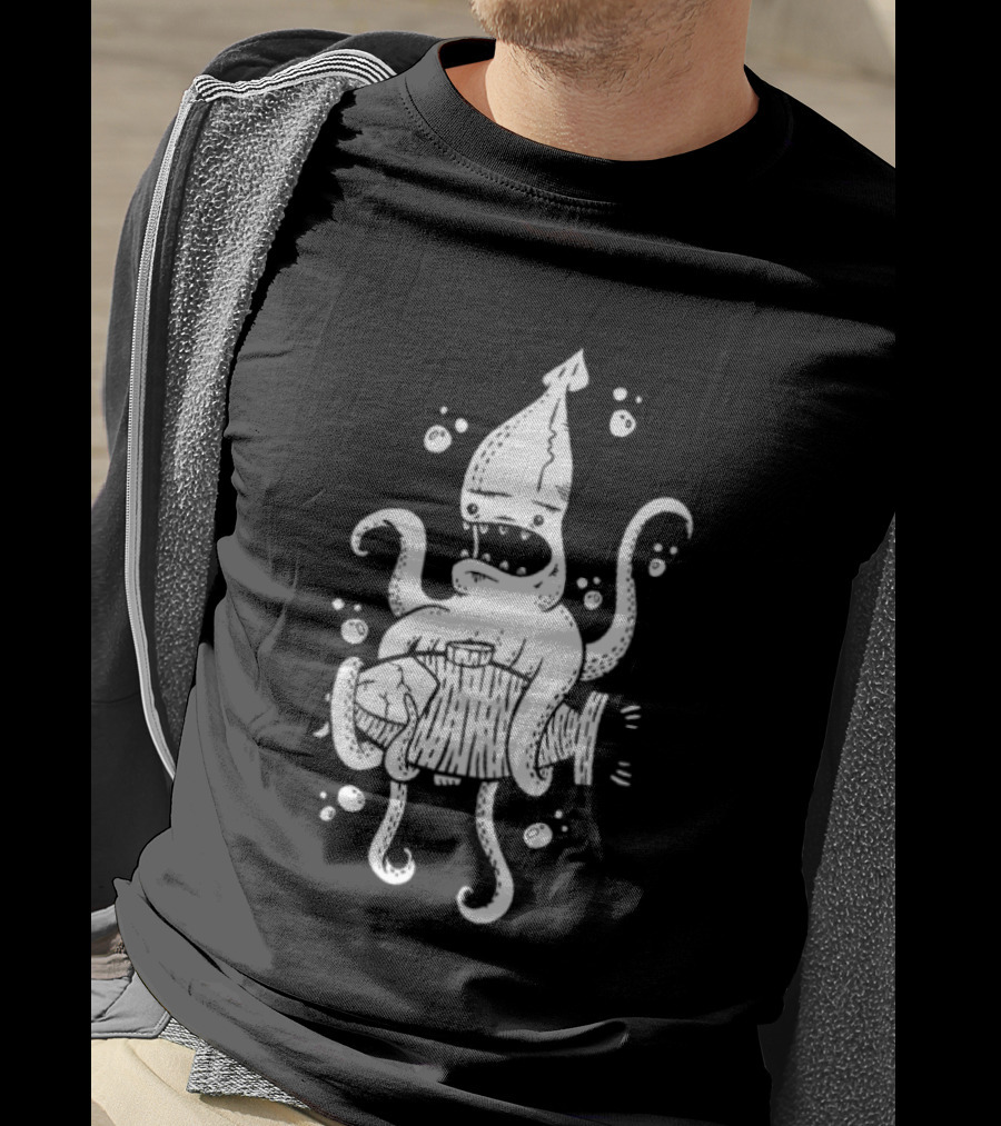 Squid Monster With Barrel Sea Creature Ocean Adventure T-Shirt