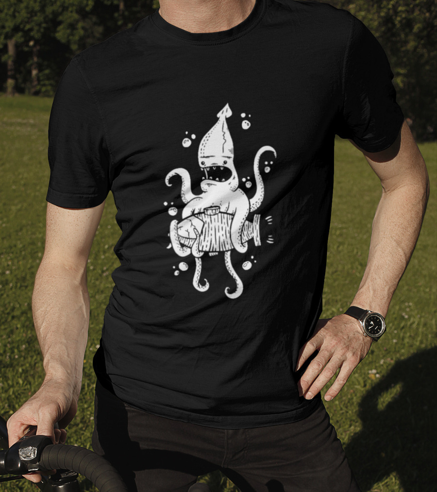 Squid Monster With Barrel Sea Creature Ocean Adventure T-Shirt