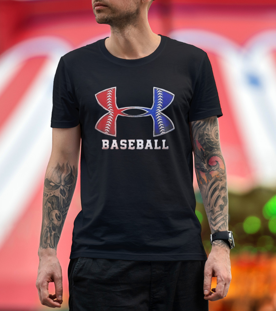 Under Armour Baseball Red Blue Stitch Performance Men T-Shirt