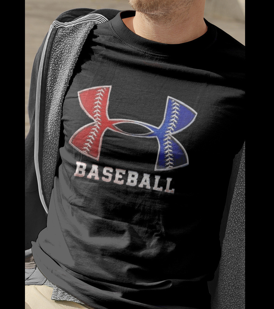 Under Armour Baseball Red Blue Stitch Performance Men T-Shirt