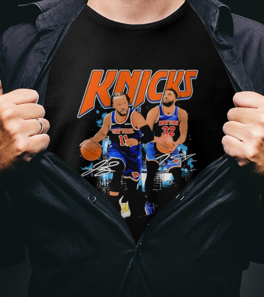 New York Knicks Jalen Brunson 11 Karl Anthony Towns 32 Dribbling Skills T-Shirt