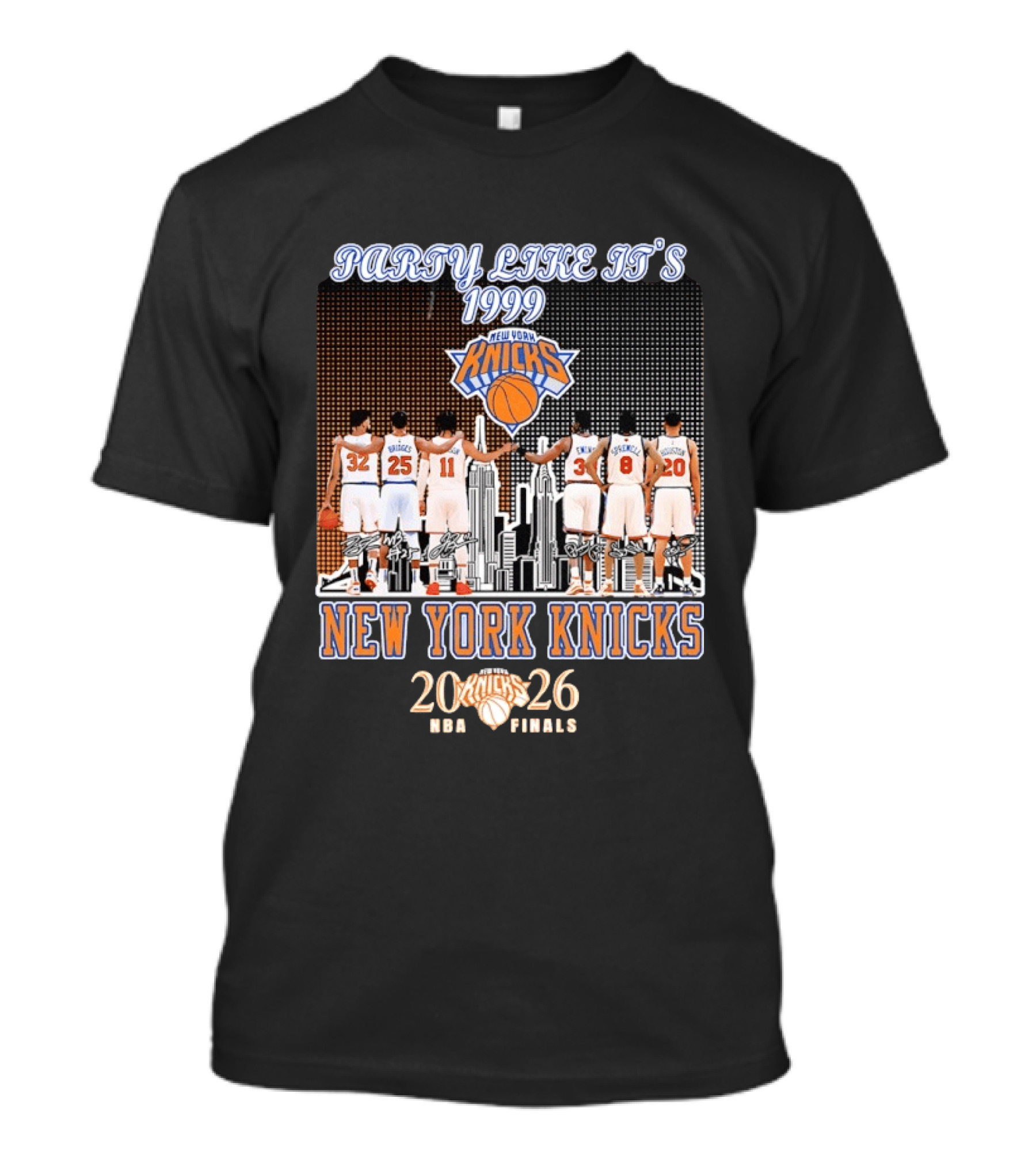 New York Knicks Party Like It's 1999 NBA Finals 2026 Karl Anthony Towns Mikal Bridges Jalen Brunson Patrick Ewing Latrell Sprewell T-Shirt