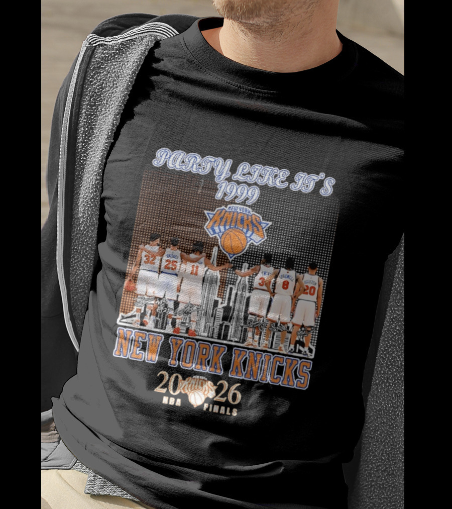 New York Knicks Party Like It's 1999 NBA Finals 2026 Karl Anthony Towns Mikal Bridges Jalen Brunson Patrick Ewing Latrell Sprewell T-Shirt