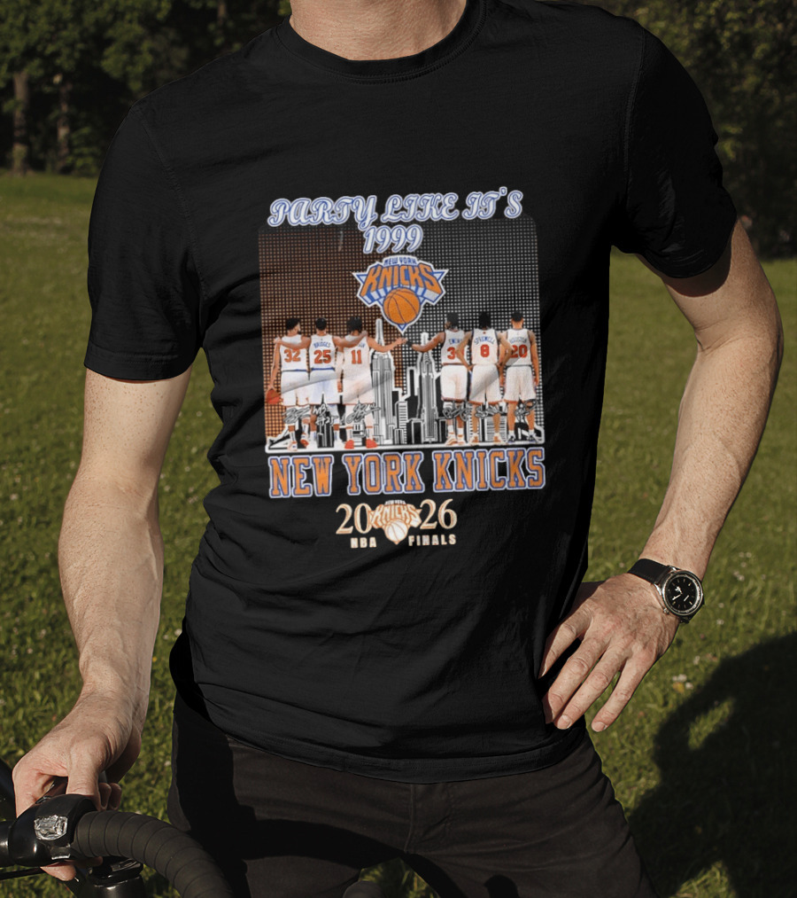 New York Knicks Party Like It's 1999 NBA Finals 2026 Karl Anthony Towns Mikal Bridges Jalen Brunson Patrick Ewing Latrell Sprewell T-Shirt