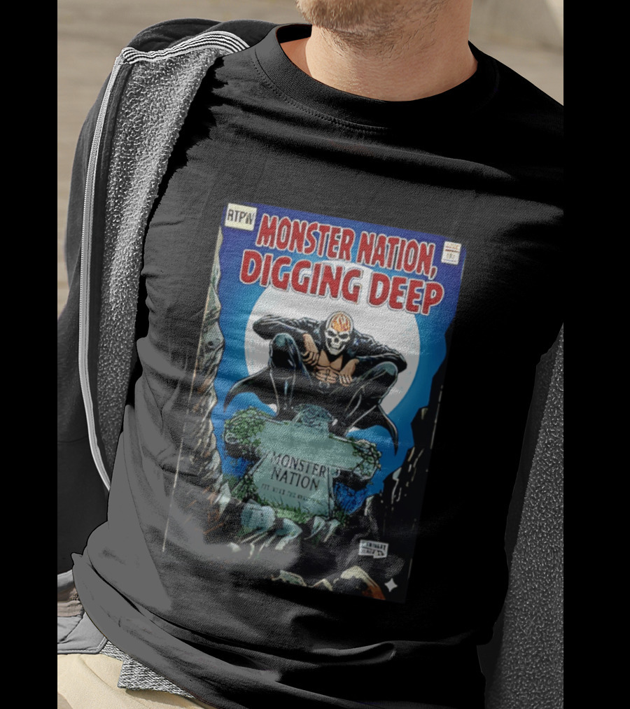 Monster Nation Digging Deep Comic Cover Tombstone Skeleton Superhero T-Shirt