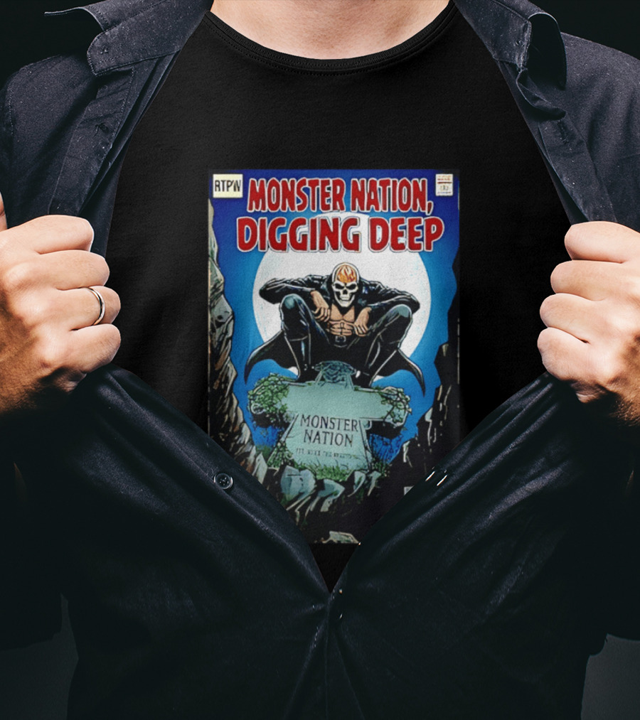 Monster Nation Digging Deep Comic Cover Tombstone Skeleton Superhero T-Shirt