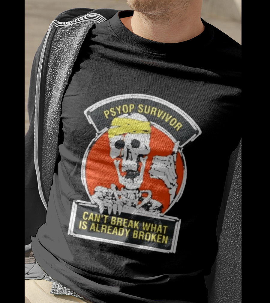Psyop Survivor Skeleton Can't Break What Is Already Broken Yellow Bandana Thumbs Up T-Shirt