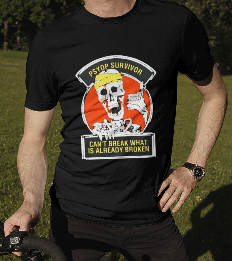Psyop Survivor Skeleton Can't Break What Is Already Broken Yellow Bandana Thumbs Up T-Shirt