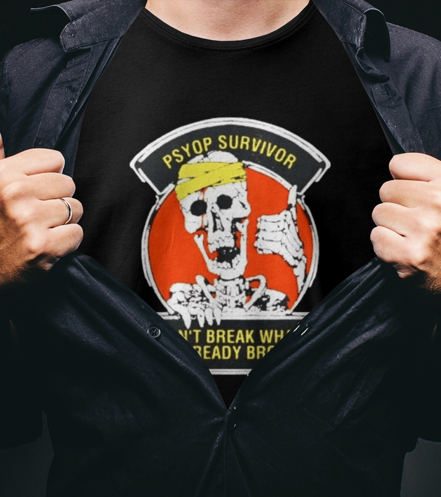 Psyop Survivor Skeleton Can't Break What Is Already Broken Yellow Bandana Thumbs Up T-Shirt