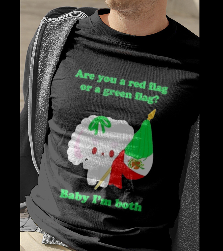 Nonomochi Mexico Flag Are You A Red Flag Or A Green Flag Cute Bunny Holding Mexican Flag T-Shirt