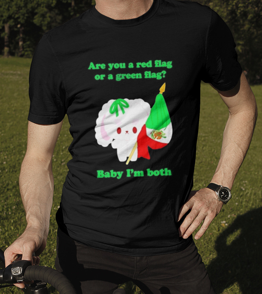 Nonomochi Mexico Flag Are You A Red Flag Or A Green Flag Cute Bunny Holding Mexican Flag T-Shirt
