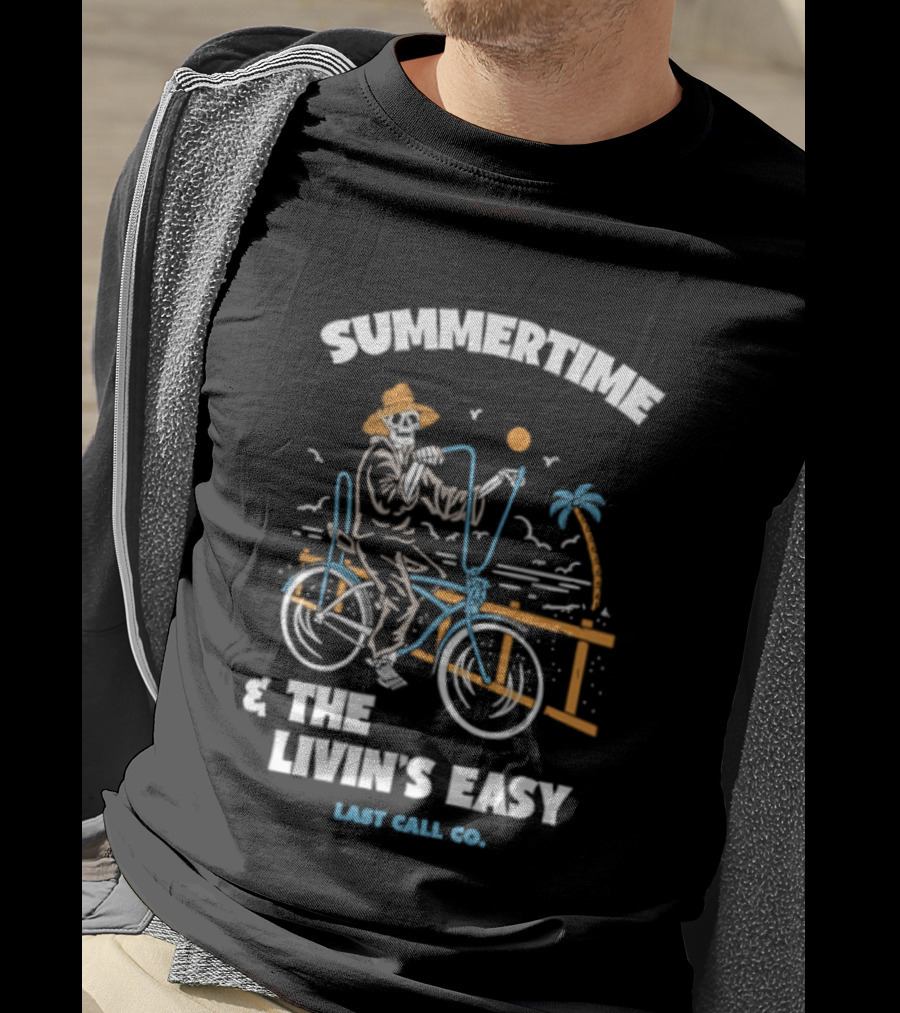 Summertime And The Livin's Easy Last Call Co Skeleton Bicycle Beach Scene T-Shirt