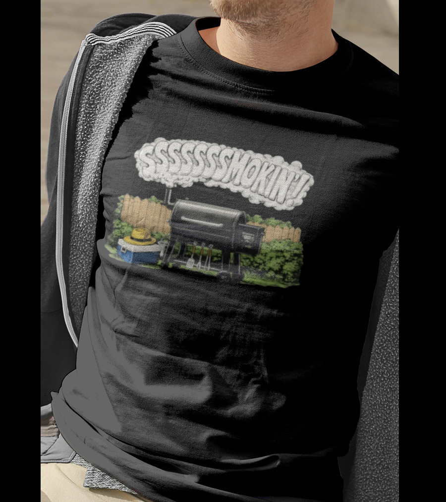 Ssssssmokin Pellet Grill Backyard Barbecue Scene T-Shirt