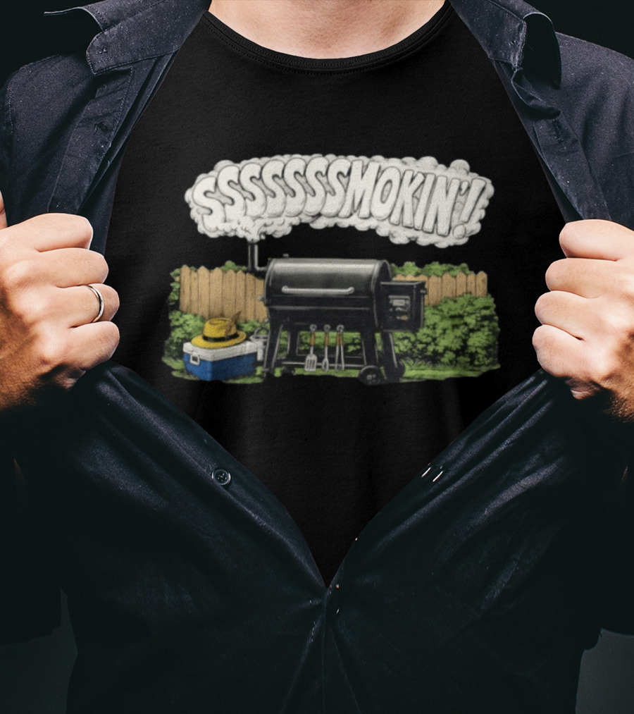 Ssssssmokin Pellet Grill Backyard Barbecue Scene T-Shirt
