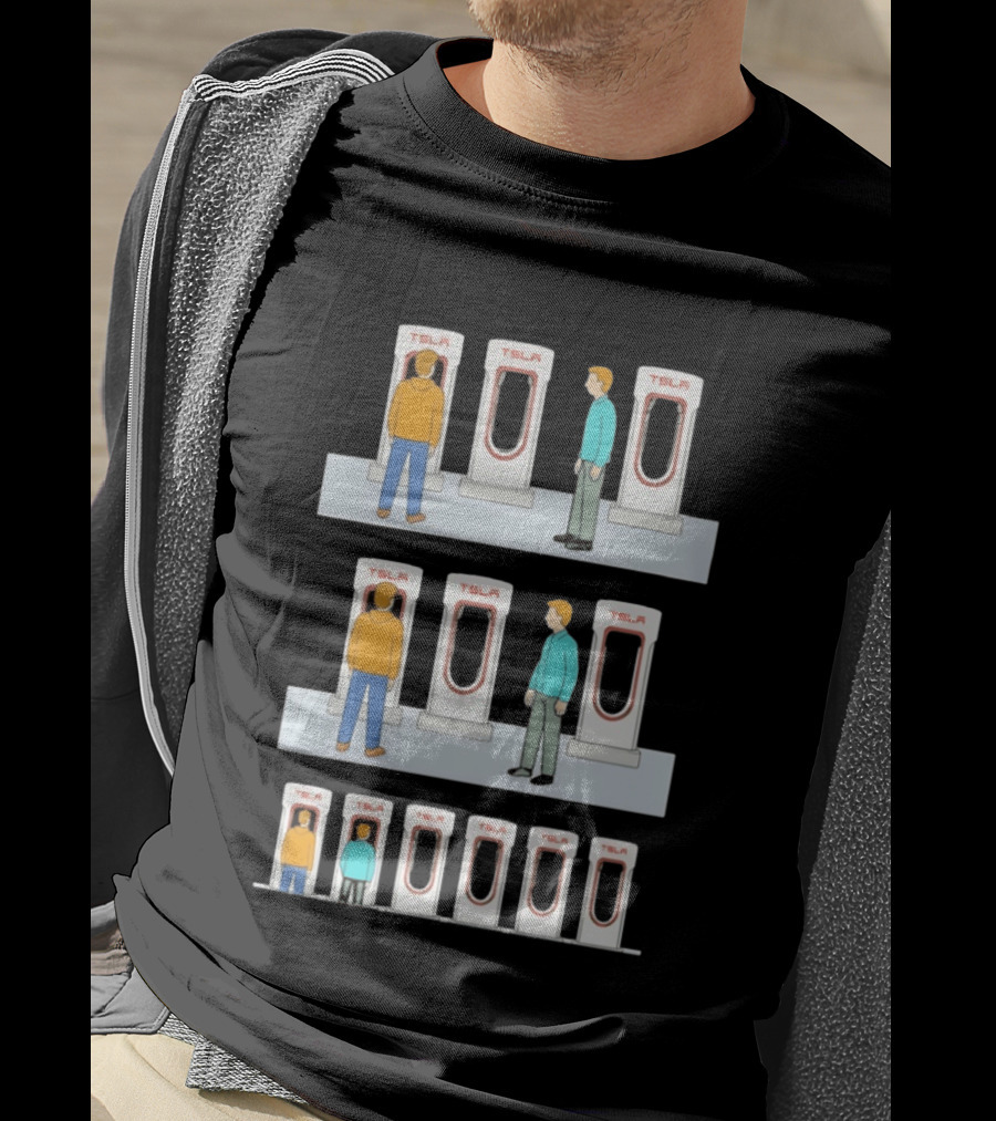 Tesla Comic Strip Charging Supercharger Urinals Parking Humor T-Shirt