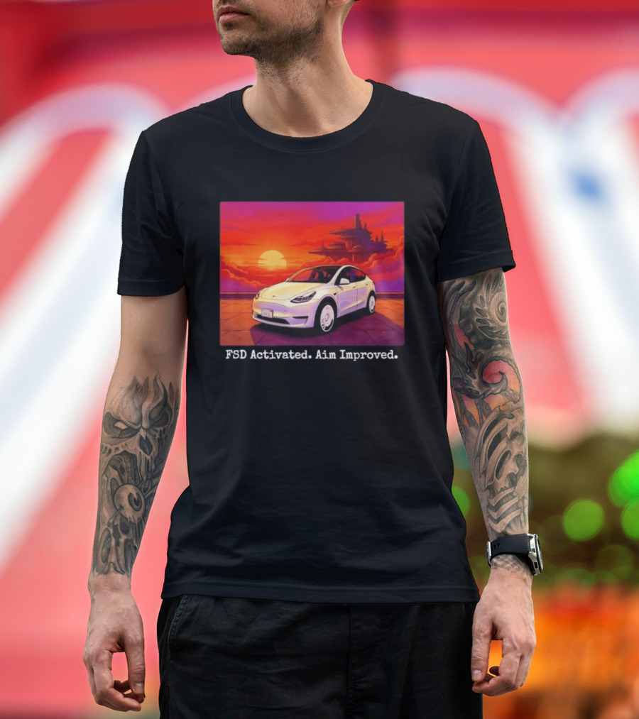 Tesla Model Y FSD Activated Aim Improved Sunset Futuristic City Scene T-Shirt