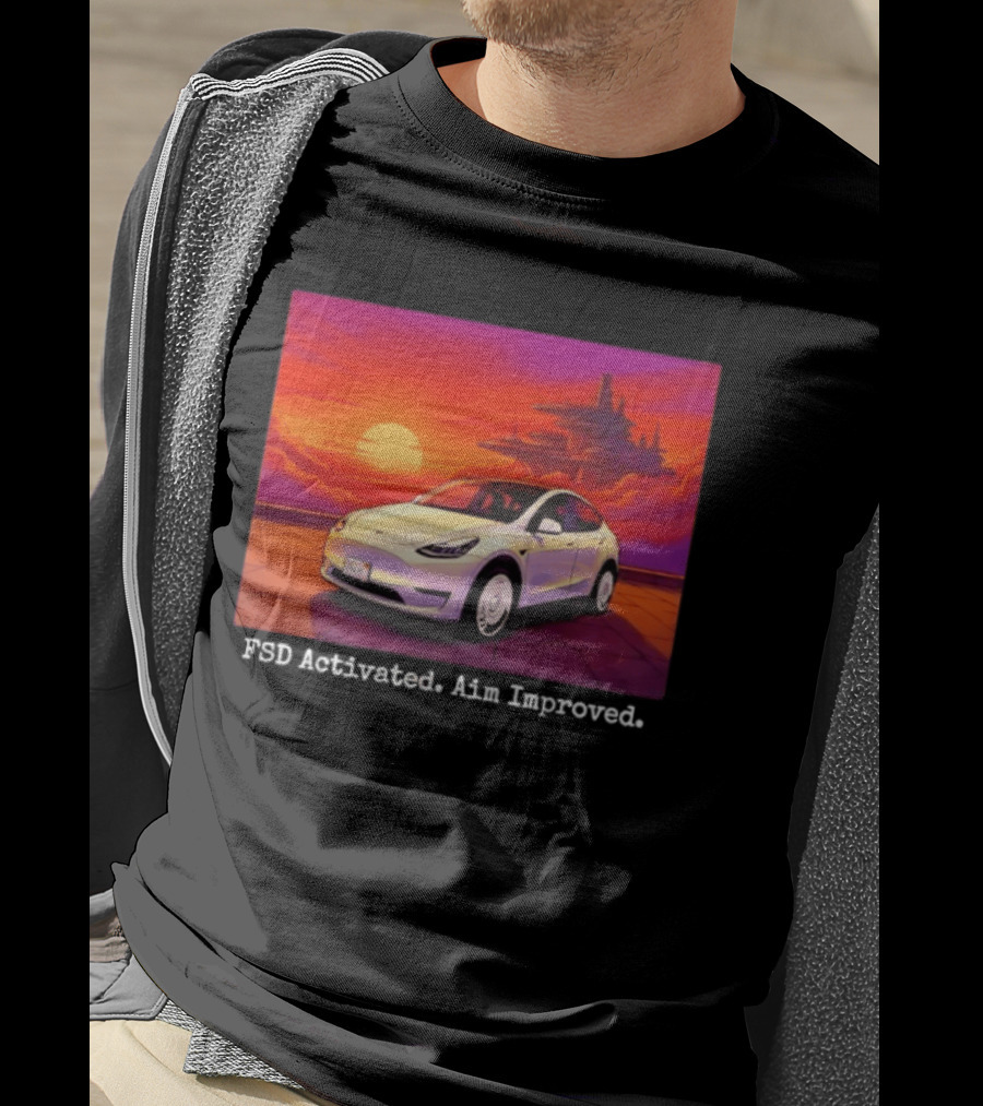 Tesla Model Y FSD Activated Aim Improved Sunset Futuristic City Scene T-Shirt
