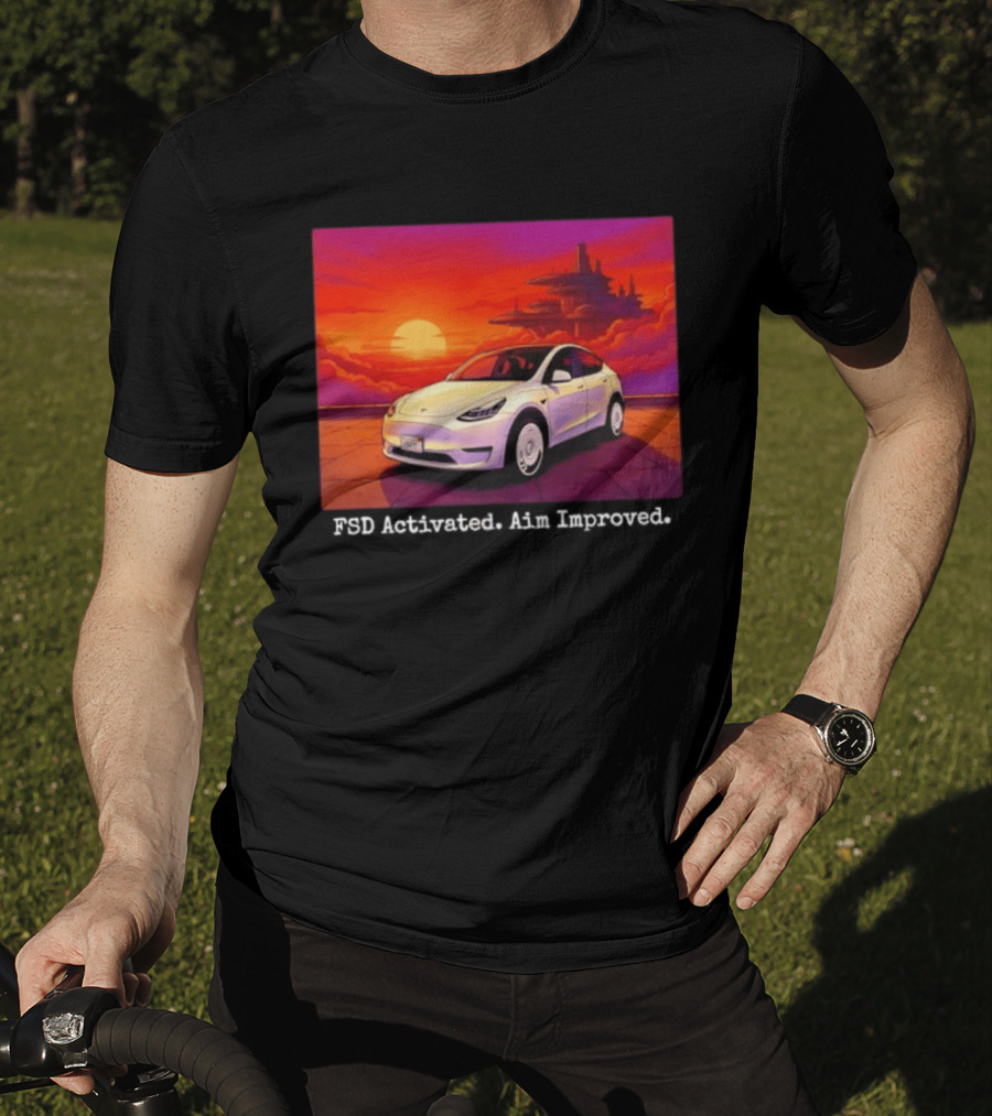 Tesla Model Y FSD Activated Aim Improved Sunset Futuristic City Scene T-Shirt