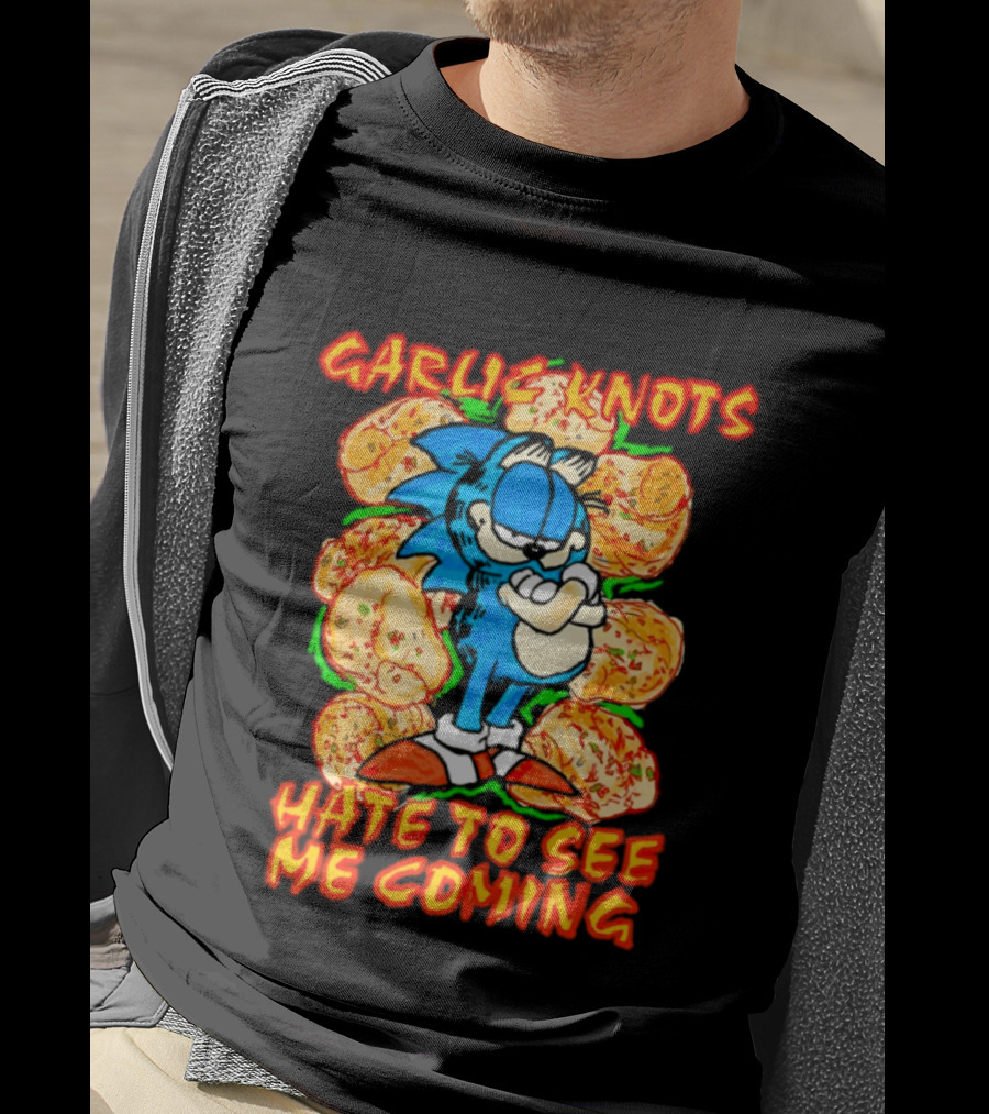 Garlic Knots Hate To See Me Coming Blue Character Surrounded By Cheesy Snacks T-Shirt