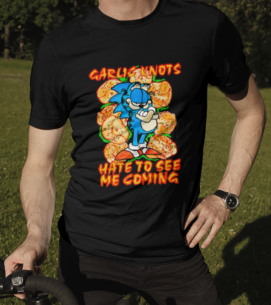 Garlic Knots Hate To See Me Coming Blue Character Surrounded By Cheesy Snacks T-Shirt