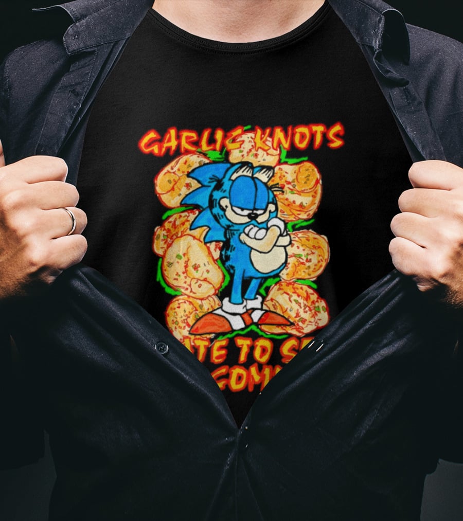 Garlic Knots Hate To See Me Coming Blue Character Surrounded By Cheesy Snacks T-Shirt
