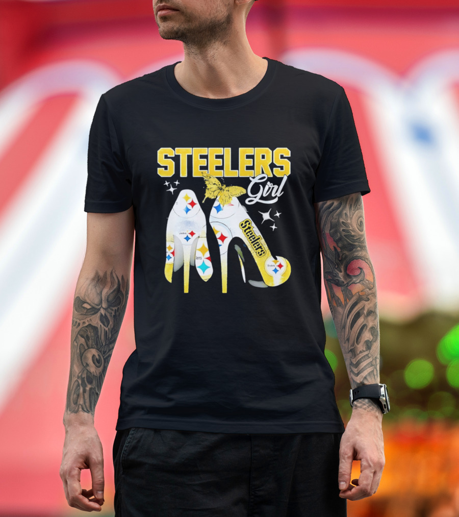 Steelers Girl High Heels With Butterfly And Stars T-Shirt