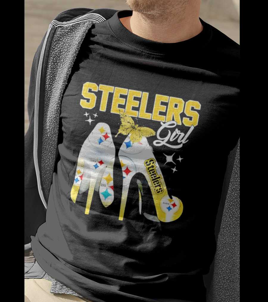 Steelers Girl High Heels With Butterfly And Stars T-Shirt