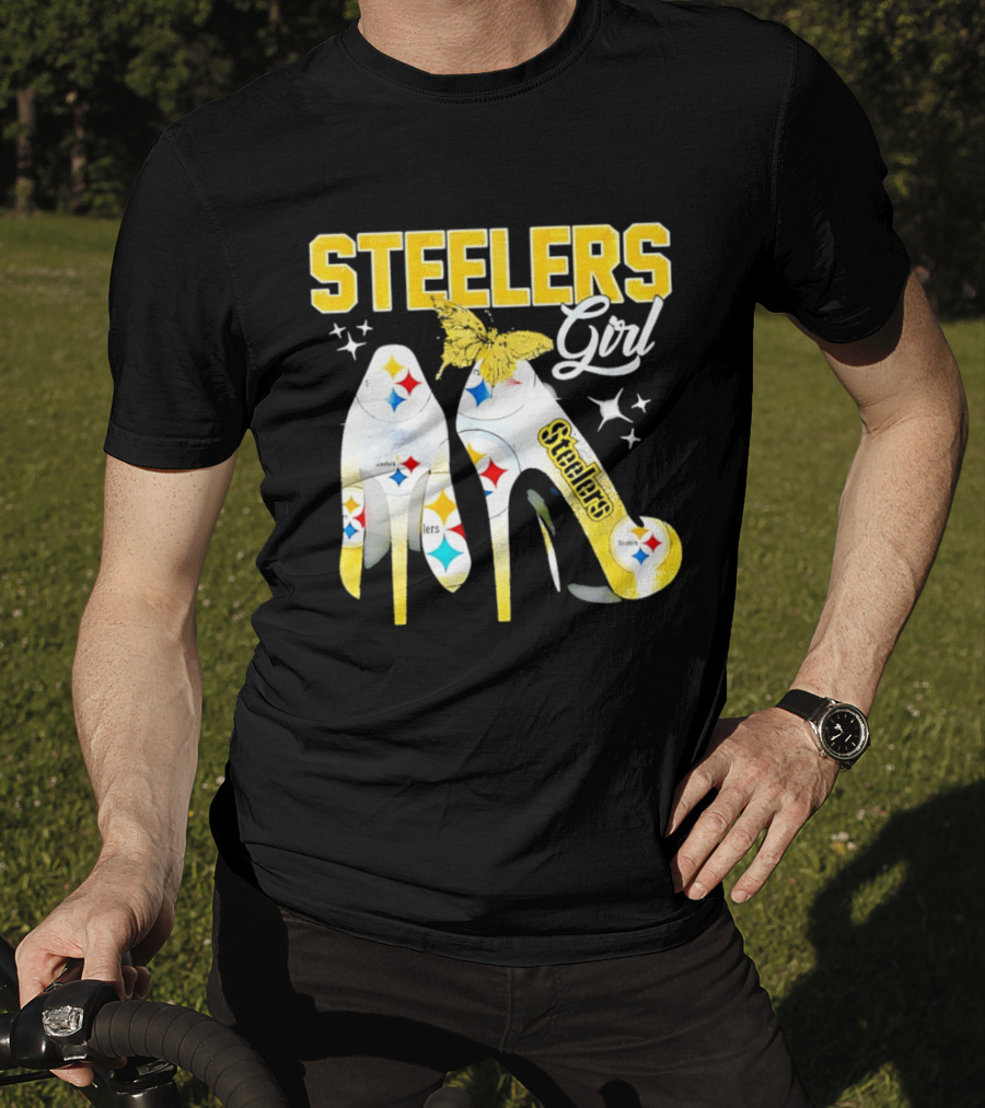 Steelers Girl High Heels With Butterfly And Stars T-Shirt