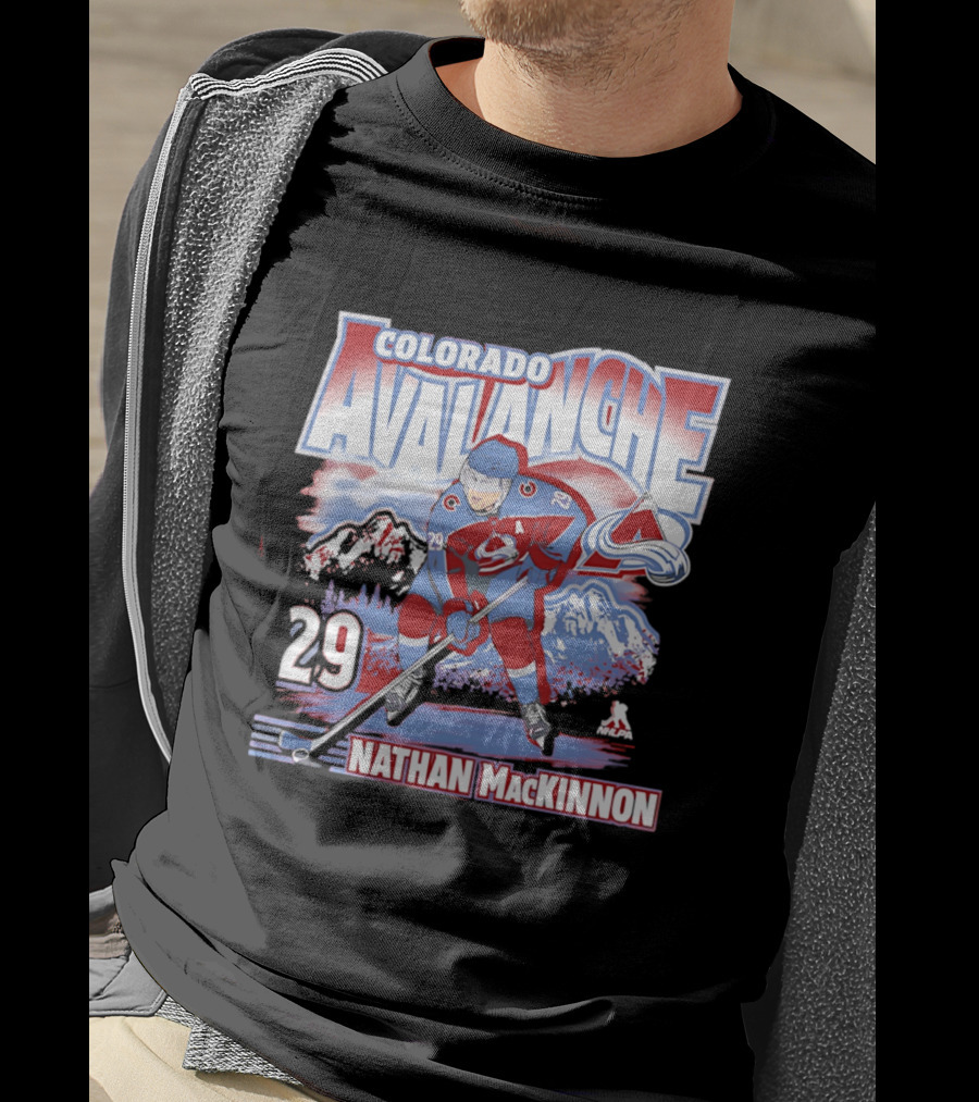 Colorado Avalanche Nathan MacKinnon 29 Hockey Mountain Scene T-Shirt