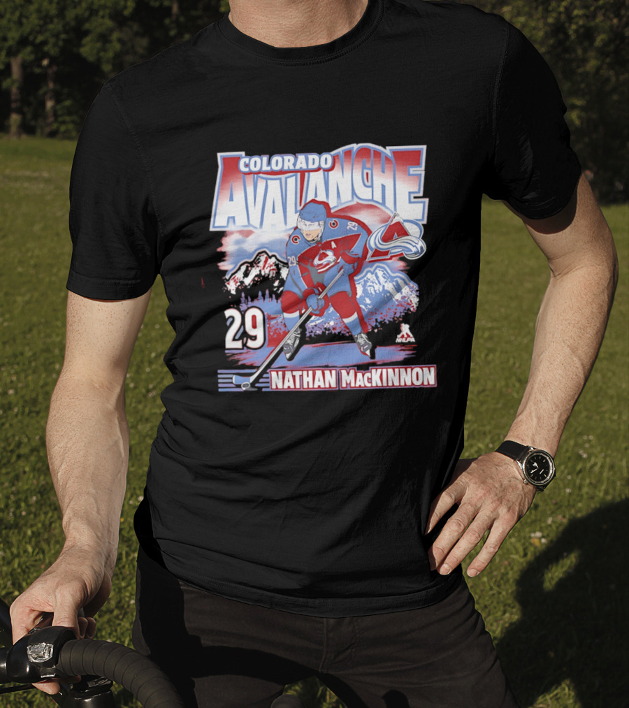 Colorado Avalanche Nathan MacKinnon 29 Hockey Mountain Scene T-Shirt