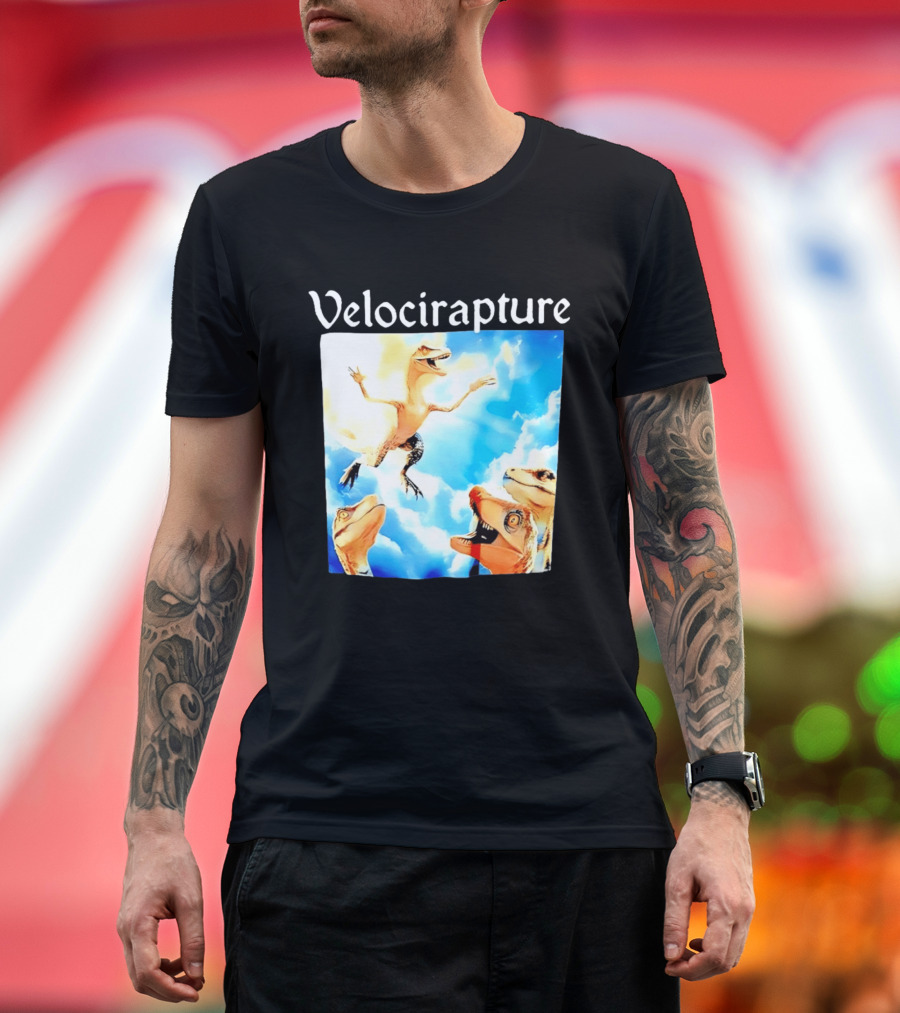 Velocirapture Dinosaur Raptor With Clouds And Blue Sky T-Shirt