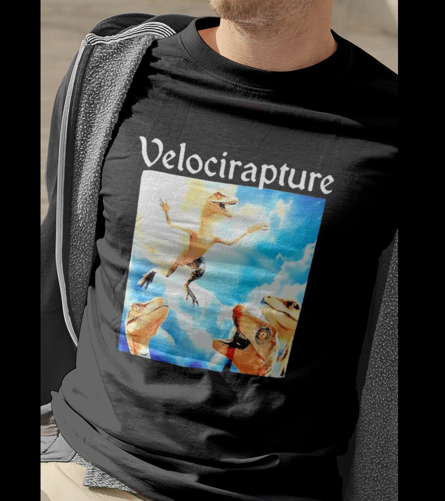Velocirapture Dinosaur Raptor With Clouds And Blue Sky T-Shirt