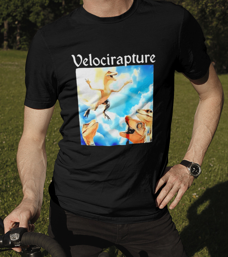 Velocirapture Dinosaur Raptor With Clouds And Blue Sky T-Shirt