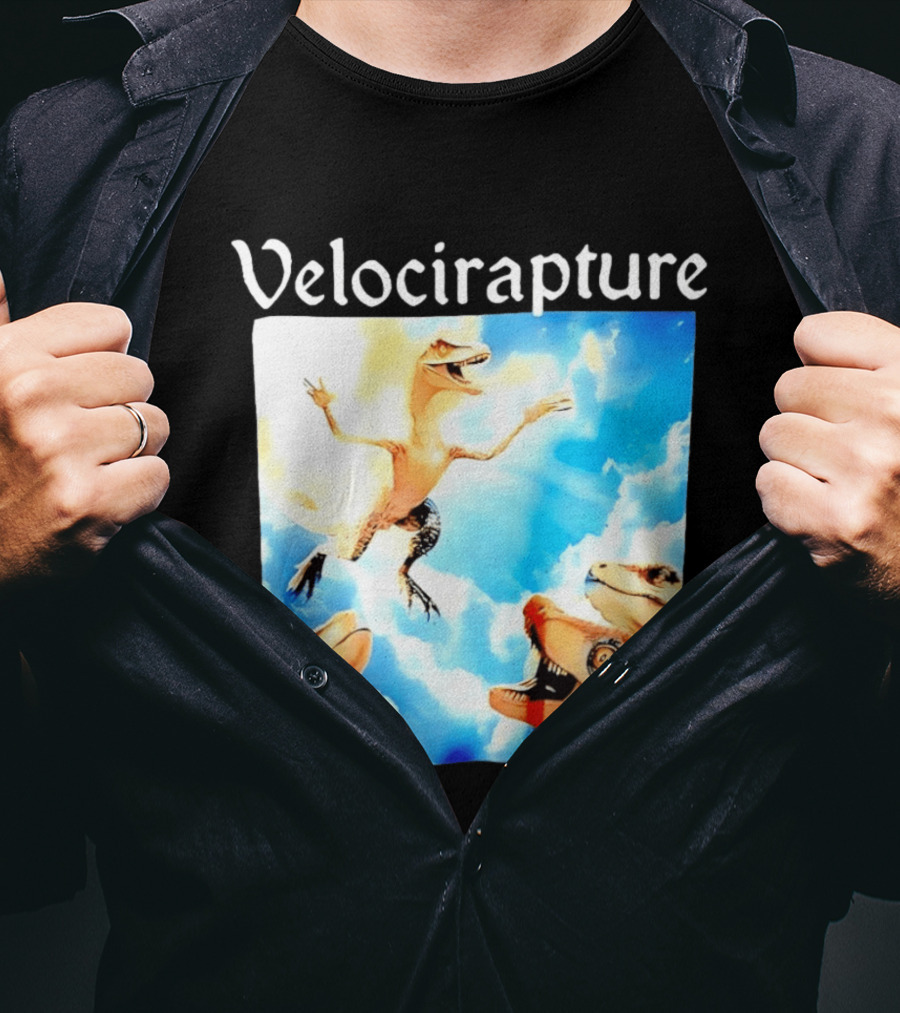Velocirapture Dinosaur Raptor With Clouds And Blue Sky T-Shirt