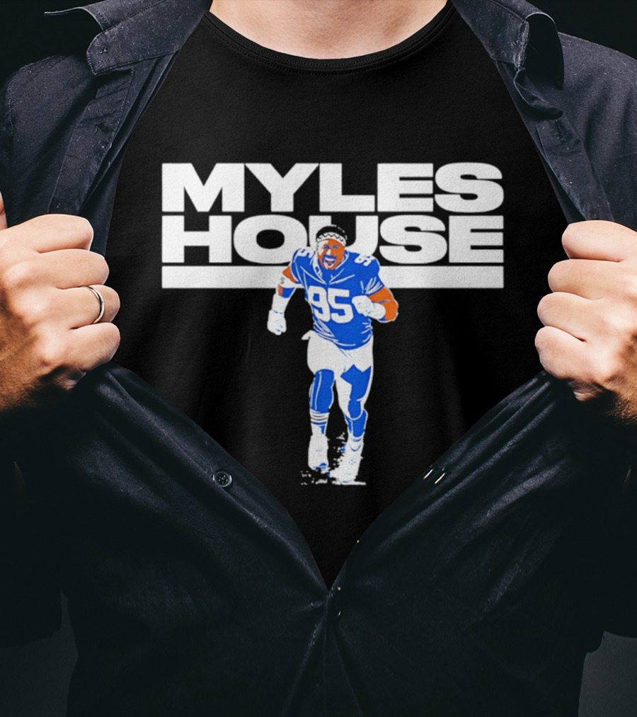 Myles Garrett Myles House 95 Football Player Blue And White T-Shirt