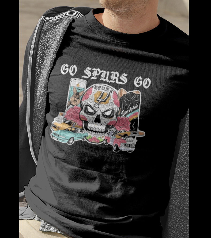 Go Spurs Go Skull With Cars Roses And Spurs Basketball T-Shirt
