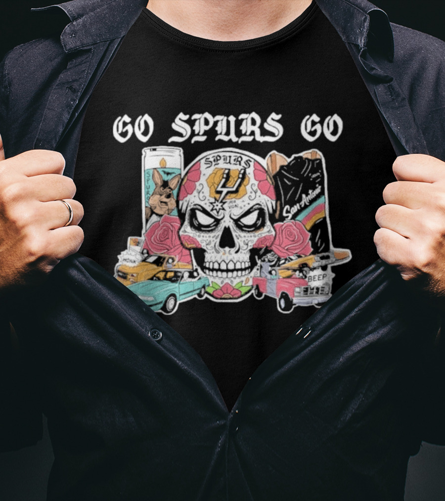 Go Spurs Go Skull With Cars Roses And Spurs Basketball T-Shirt