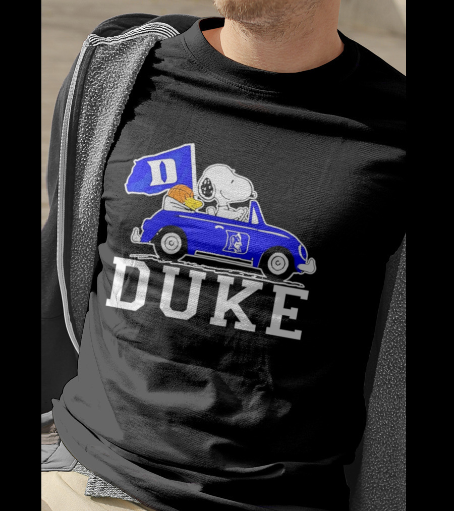 Snoopy And Woodstock Driving Duke Blue Car With Duke Blue Devils Flag T-Shirt