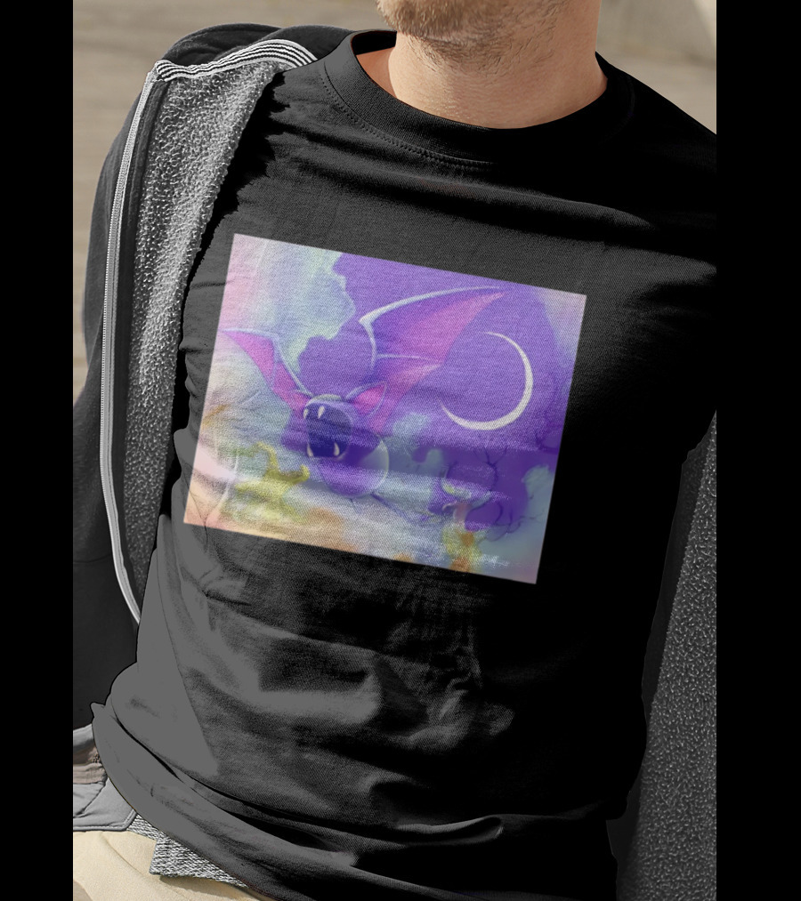Spooky Bat With Pink Wings Flying Under Crescent Moon Halloween Night Scene T-Shirt
