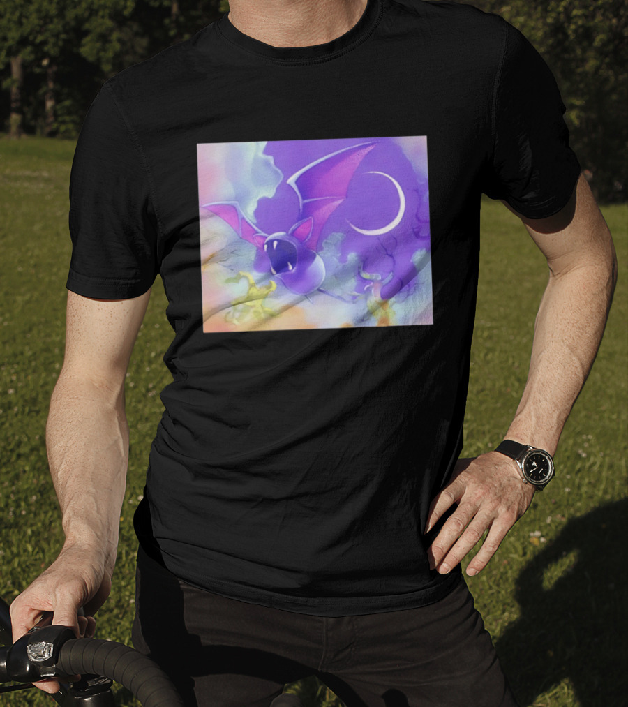 Spooky Bat With Pink Wings Flying Under Crescent Moon Halloween Night Scene T-Shirt