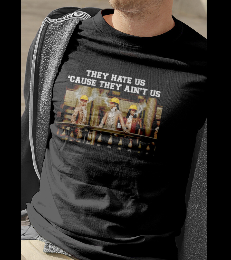THEY HATE US 'CAUSE THEY AIN'T US Balcony Smoking Yellow Hard Hats T-Shirt