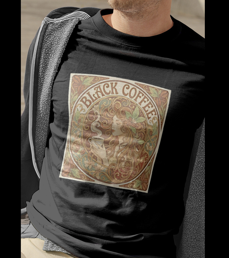 Black Coffee Nouveau Floral Steaming Art Deco T-Shirt