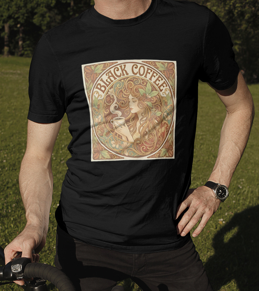 Black Coffee Nouveau Floral Steaming Art Deco T-Shirt
