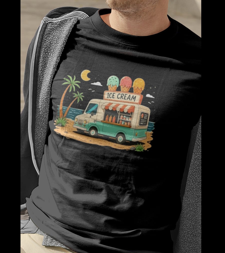 Ice Cream Truck Beach Night Tropical Ocean Summer Waves T-Shirt