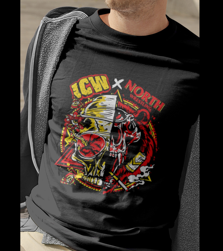 ICW X North Wrestling Split Skull Bear Head Concert Band T-Shirt