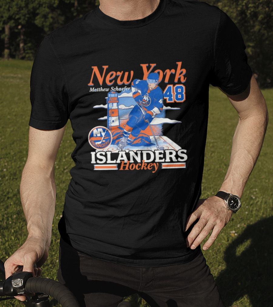 New York Islanders Hockey Matthew Schaefer 48 Player Lighthouse T-Shirt