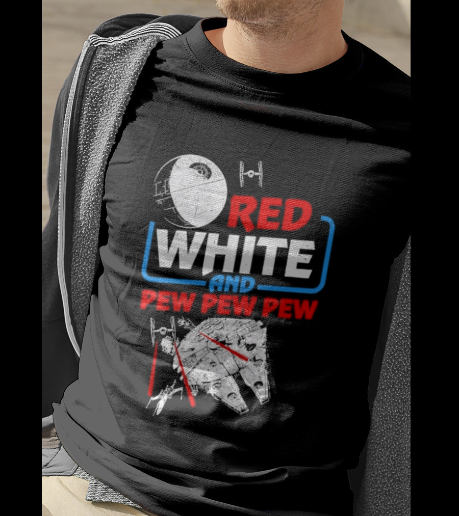 Star Wars Millennium Falcon Red White And Pew Pew Pew Death Star Tie Fighter T-Shirt