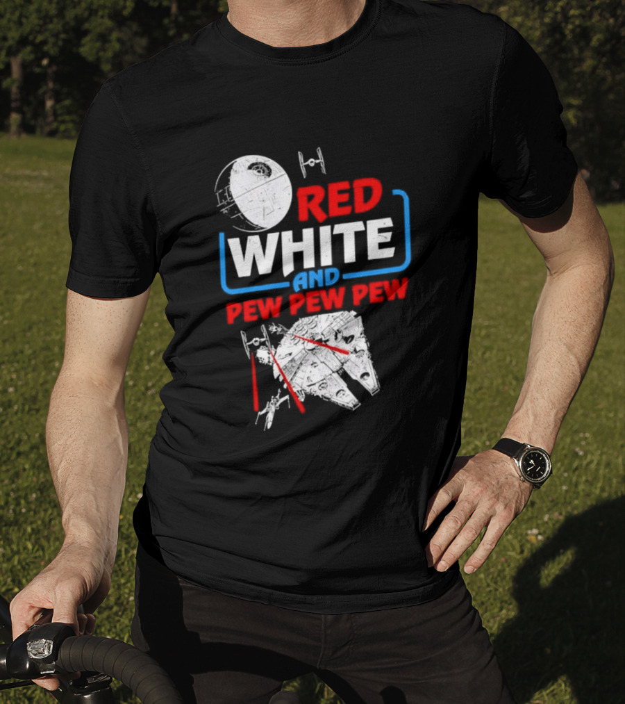 Star Wars Millennium Falcon Red White And Pew Pew Pew Death Star Tie Fighter T-Shirt